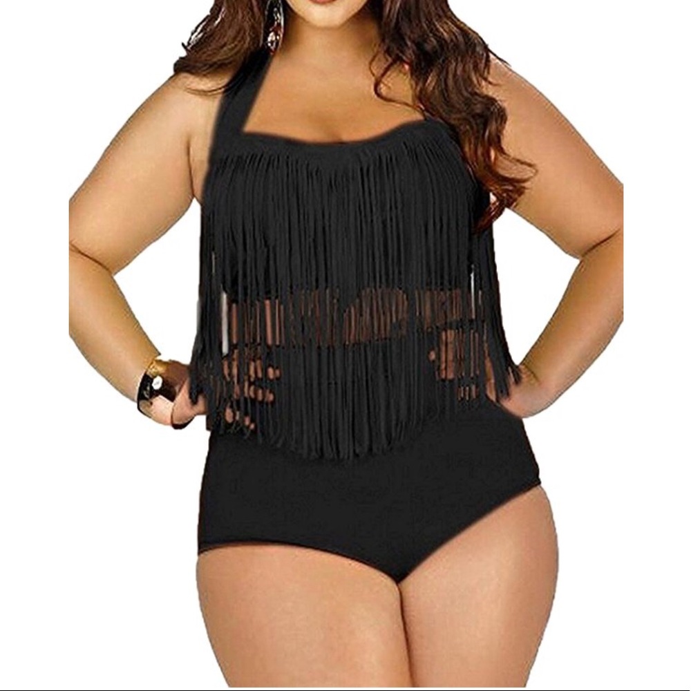 Plus Size Retro High Waist Braided Fringe 2 Piece